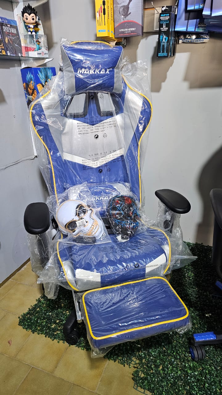 Silla gamer makkax azul, gris y amarilla